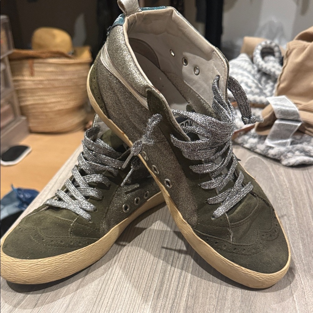 Golden Goose Mid/Star Olive and Silver Glitter Sneakers SZ 39
